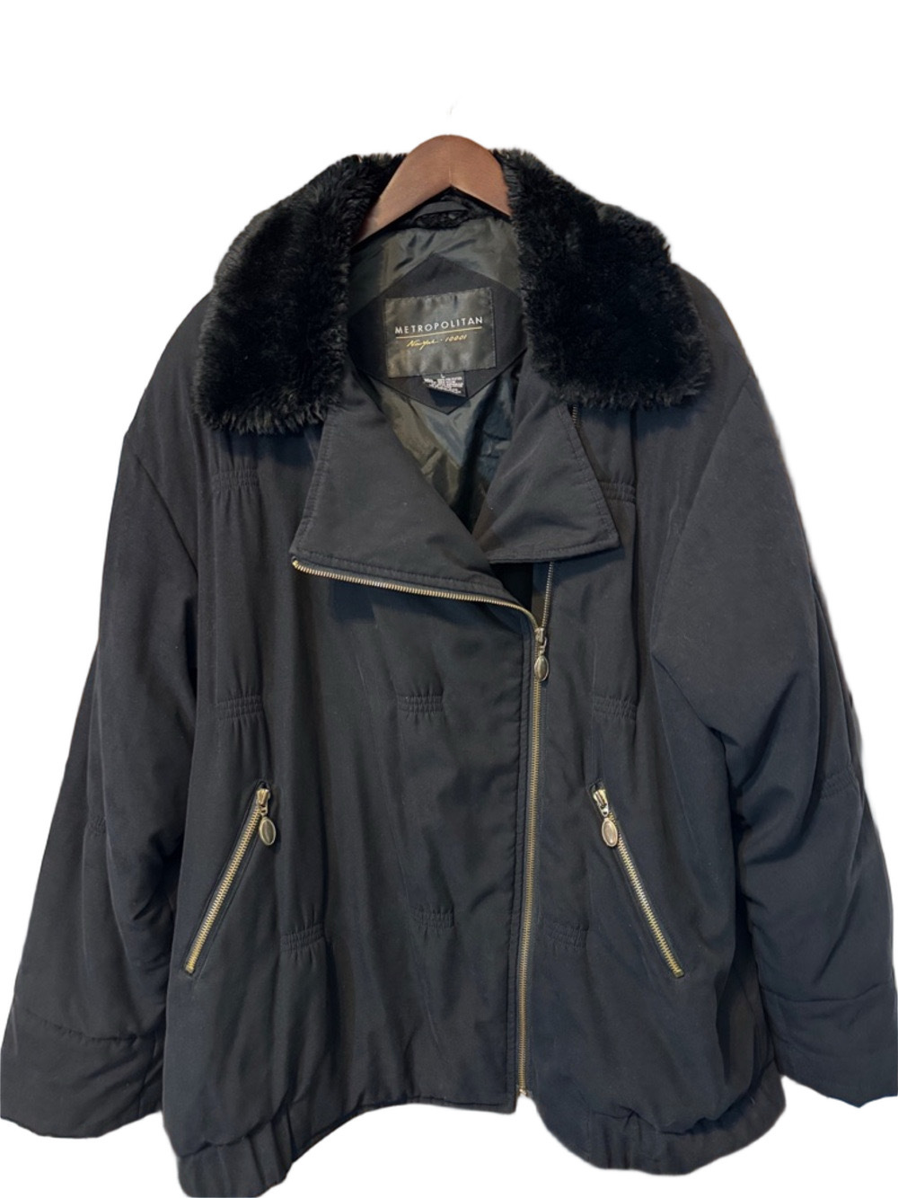 Metropolitan Black Faux Fur Collar Puffer Jacket Size L - Picture 2 of 5
